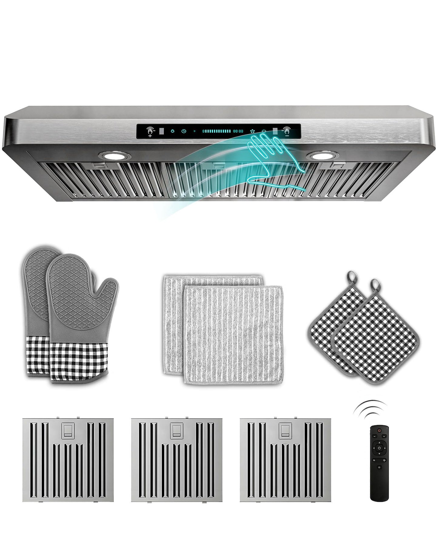 FlyPine 36 inch Stainless Steel Under Cabinet Range Hood - 900 CFM, Gesture Control, Ultra-Quiet 4-Speed Vent, LED Lights, External Venting