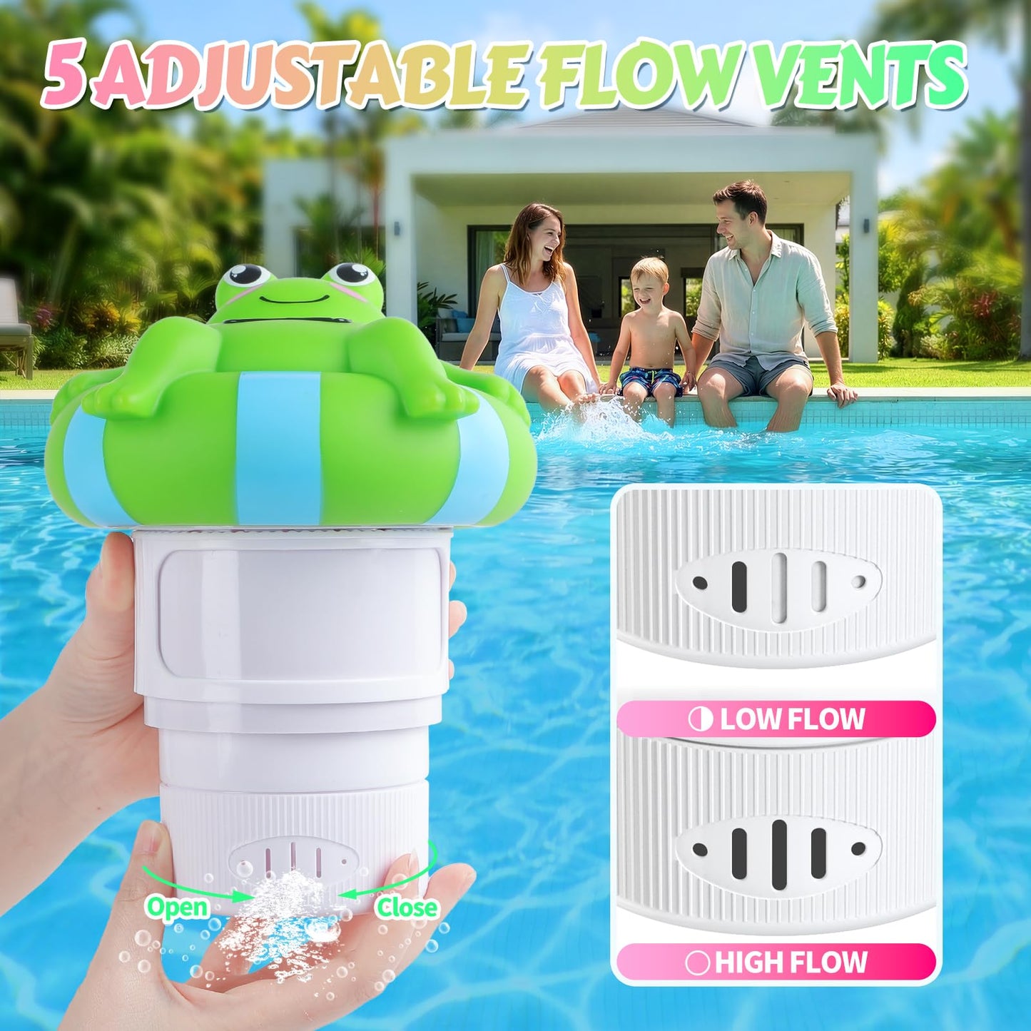 Blufree Pool Chlorine Floater, Frog Solar Chlorine Floater Glow in The Dark Fits 4x3'' Tablets, Adjustable Flow & Large Capacity Floating Chlorine Dispenser for Pool, Hot Tub Spa (Green, 9 in)