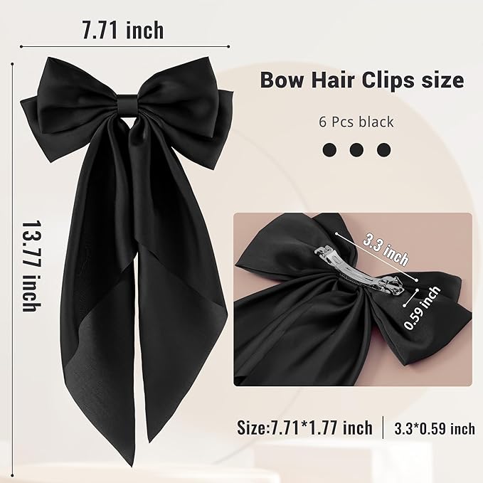 6Pcs Large Bows Hair Clips for Women Girls Long Tail Hair Ribbon Silky Satin Barrettes Coquette Hair Bows Accessories (Black)