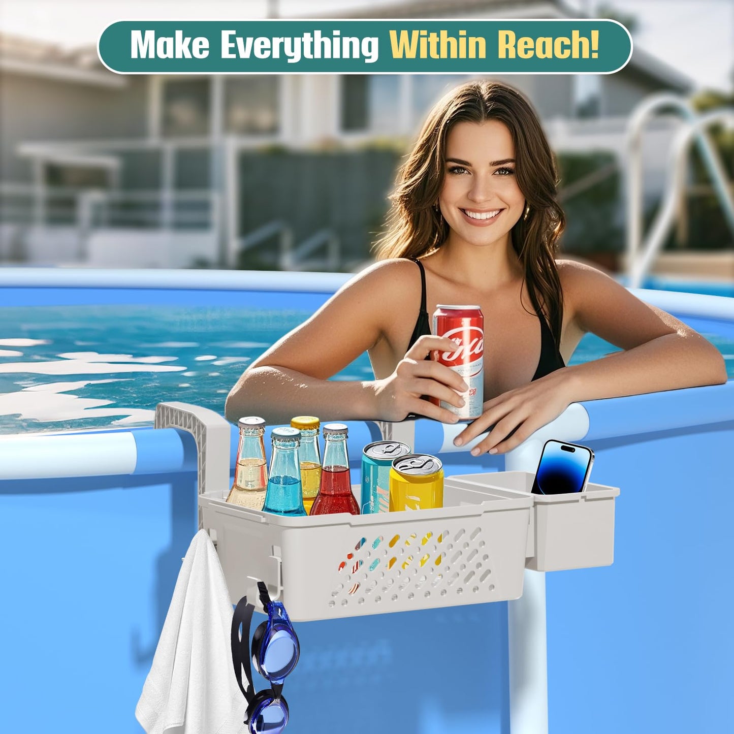 【2026 Upgrade】2-Pack Poolside Storage Basket with Cup Holder, Above Ground Pool Accessories, 3-in-1 Swimming Pool Hanging Storage Baskets to Organize Cups & Towels, Fits 3 Inch or Less Top Rail(Beige)