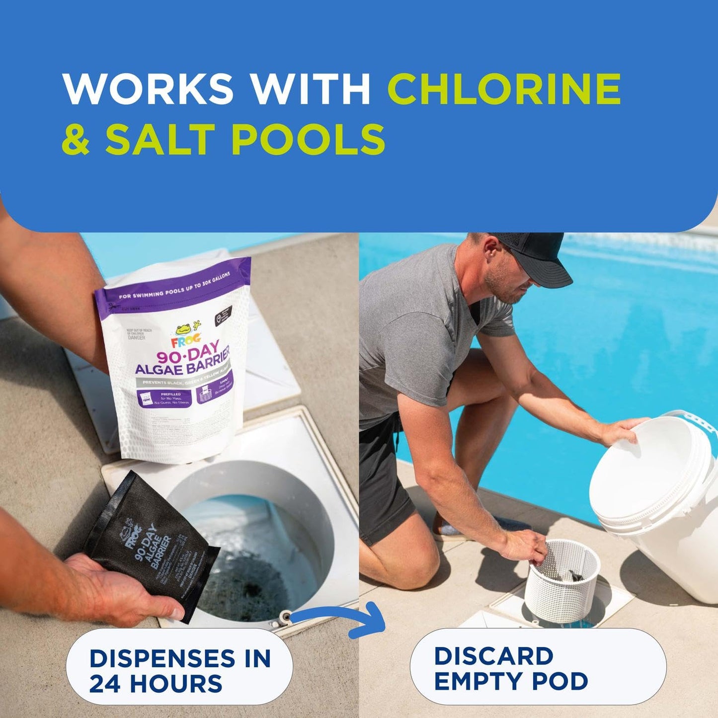 FROG 90-Day Algae Barrier - Dry Formula Algaecide Prevents Black, Green and Yellow Algae for Pools up to 30,000 Gallons - Pool Maintenance & Algae Prevention - 3 Pods