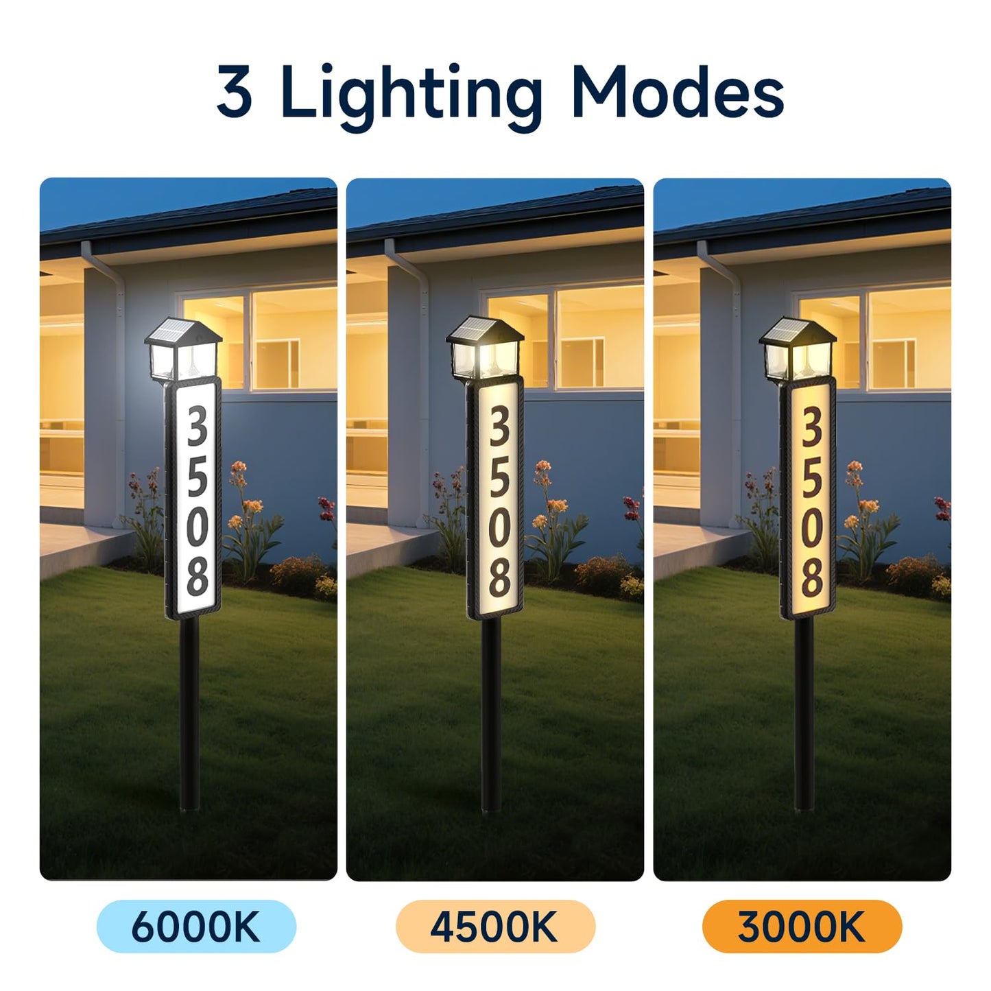 GJB Solar Address Sign for Outside, Solar Powered House Numbers Light with 3 Color Modes, Waterproof LED Illuminated Address Plaque with Stake, Numbers & Letters Included (Matte Black)