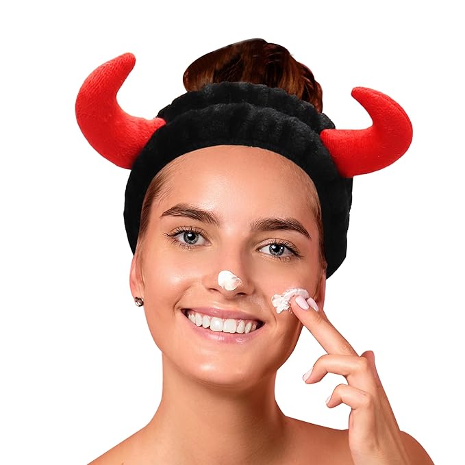 Devil Horn Facial Spa Headband - Cosmetic Makeup & Skincare Headband for Washing Face & Makeup (Black)
