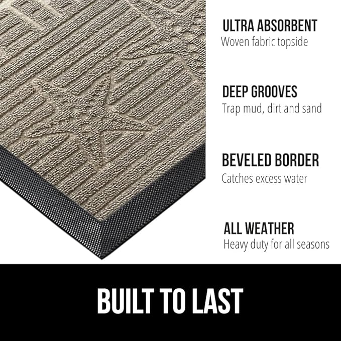 GORILLA GRIP 100% Waterproof All-Season WeatherMAX Doormat, 47x35, US Designed Natural Rubber, Stain and Fade Resistant, Low Profile Indoor Outdoor Door Mats, Easy Clean Patio Mat, Sand Beach
