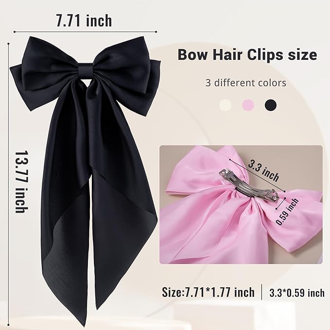 6Pcs Large Bows Hair Clips for Women Girls Long Tail Hair Ribbon Silky Satin Barrettes Coquette Bows Accessories (Black/Pink/White)