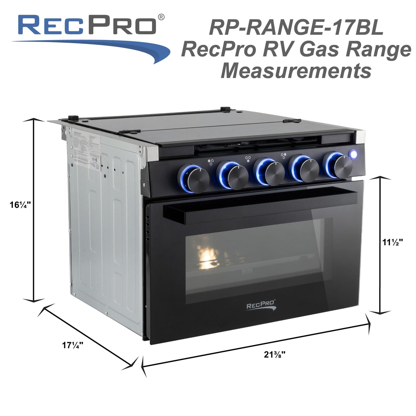 RecPro RV Stove Black Finish | Gas Range 17" Tall | 6500 and 8000 BTU Three Burner | 7100 BTU Oven with 1.24 Cu. Ft. Capacity | Optional Range Hood