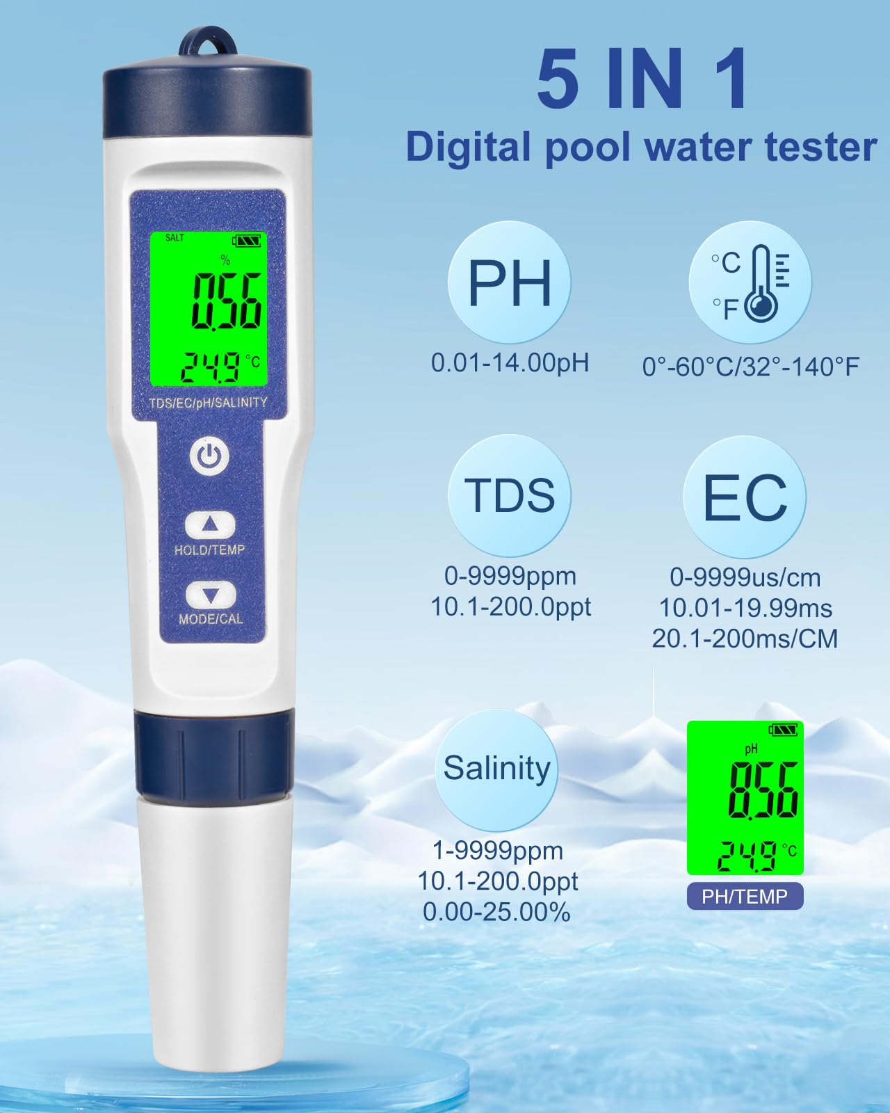 Pool Salt Tester, Digital Salt Water Pool Tester & Ph Tester, Salt Tester for Saltwater Pool, Digital Salinity Tester for Water, 5 In 1 Salinity Ph Temp EC and Tds Meter for Pool, Saltwater Aquarium