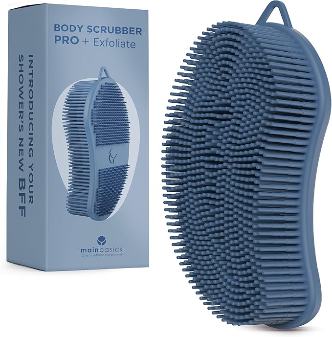 MainBasics Silicone Body Scrubber Dual-Sided Shower Loofah and Exfoliator (Dark Blue, Exfoliate)