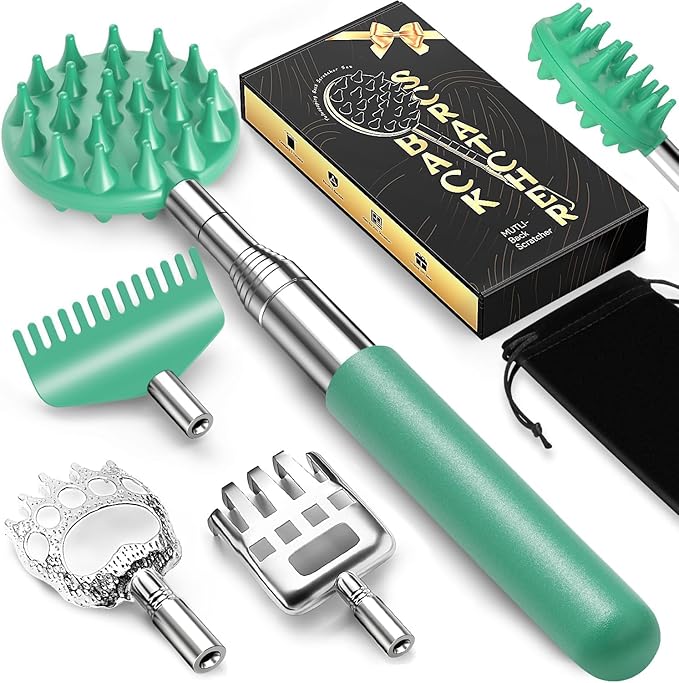 TUKUOS Telescoping Back Scratcher with 5 Detachable Scratching Heads, Valentines Day Gifts for Him Men, Anniversary Birthday Gifts for Men Women Back Scratcher for Men/Dad/Women/Adults - Cyan