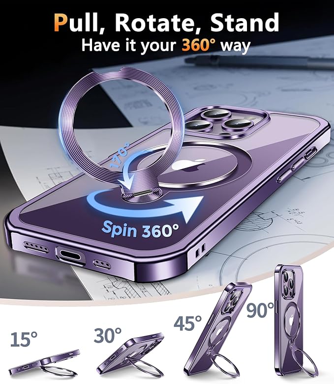 [360° Rotatable CD Stand & Built-in Privacy Screen] Magnetic Case for iPhone 14 Pro Max[Compatible with MagSafe&Full Signal]Mil-Grade Shockproof Full body Anti-Spy Cover for 14 Pro Max-Purple
