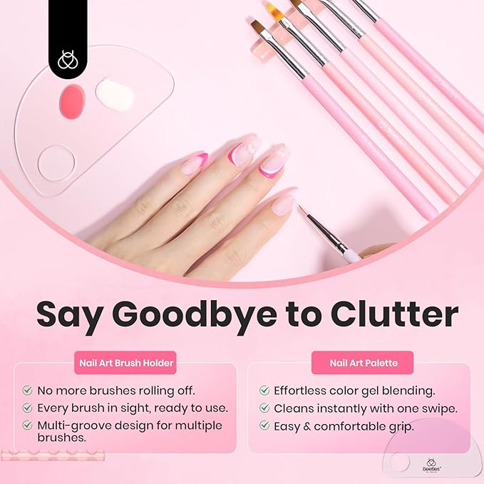 Beetles Nail Art Brushes, 6 Pcs Fingernail Art Design Pens, Pink Handle French Tip Ombre Clean Up Nail Brush Set for Gel Polish with Palette DIY Manicure Tools Gift for Women