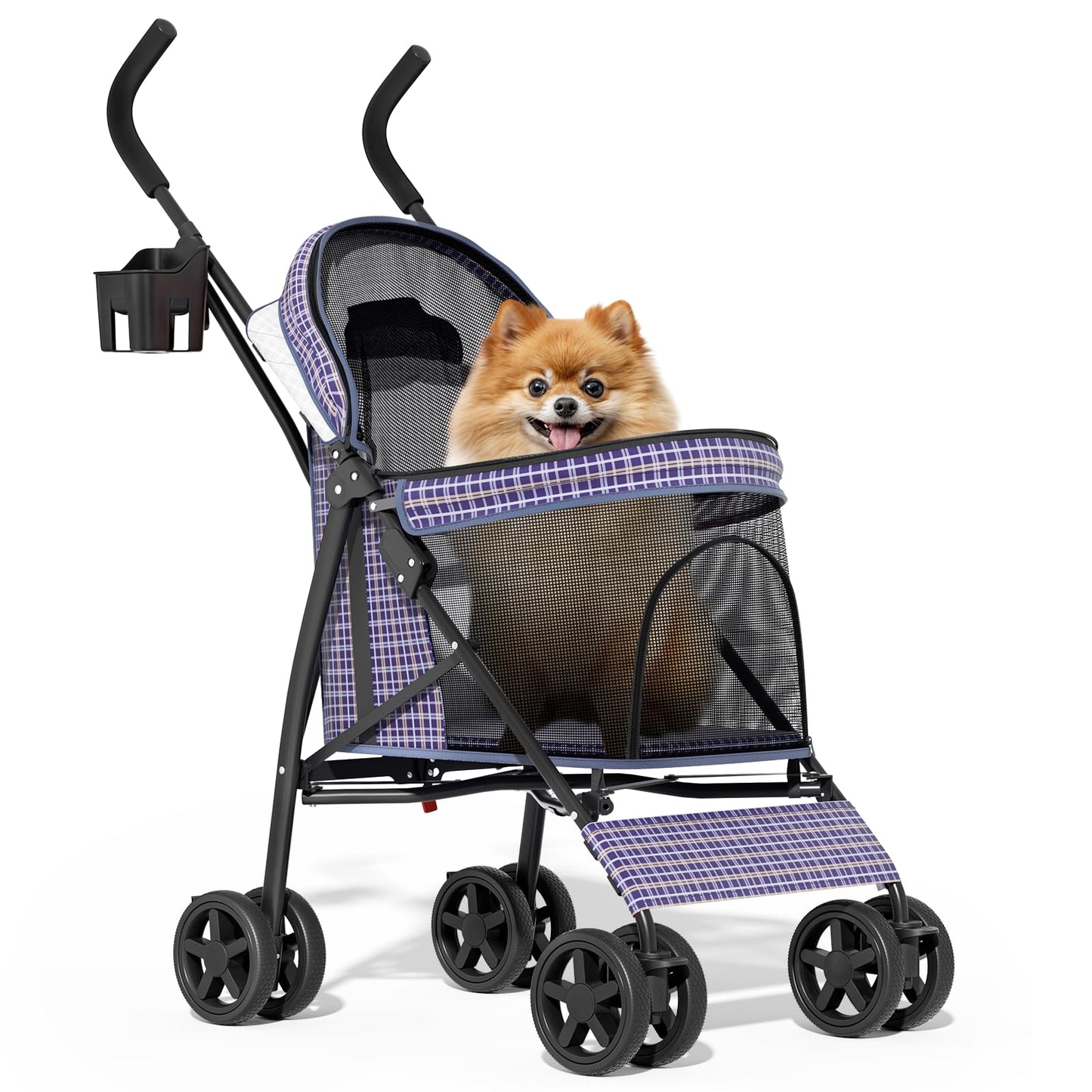 MoNiBloom 4 Wheels Pet Stroller, Easy-Fold Umbrella Shaped Dog Cat Jogger Stroller w/Storage Bag & Visible Mesh for Small/Medium Dogs Cats Plaid