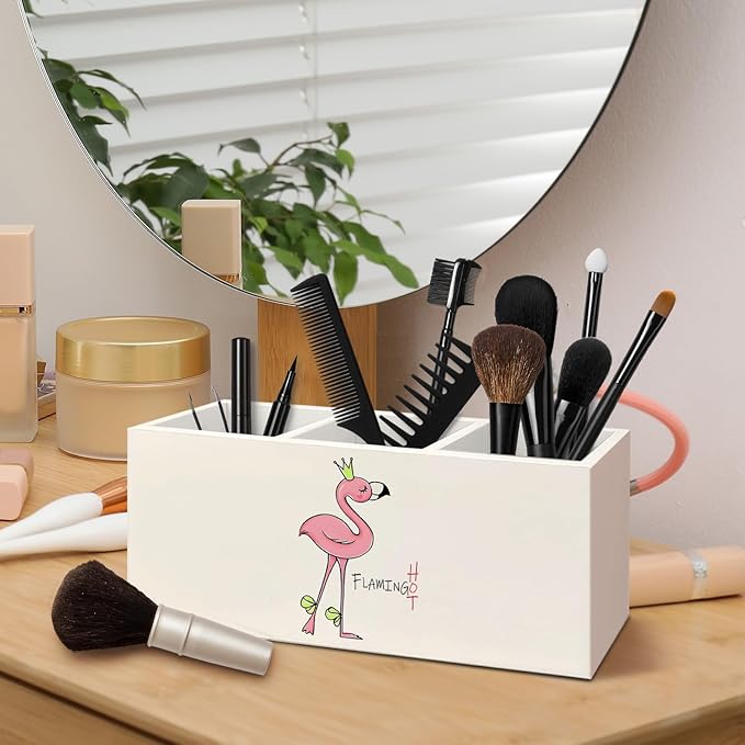 Funny Flamingo Wooden Pen Pencil Holder for Desk Accessories, Preppy Girly Desk Decor, Funny Pink Flamingo Wood Makeup Brush Toothbrush Holder Organizer for Vanity Bathroom
