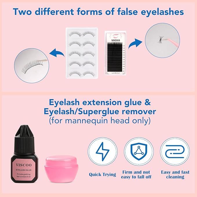Eyelash Extension Kit for Beginners, Professional Lash Extension Kit with Mannequin Head, Lash Starter Kit with Lash Fan, Lash Extension Supplies for Practice Training Kit