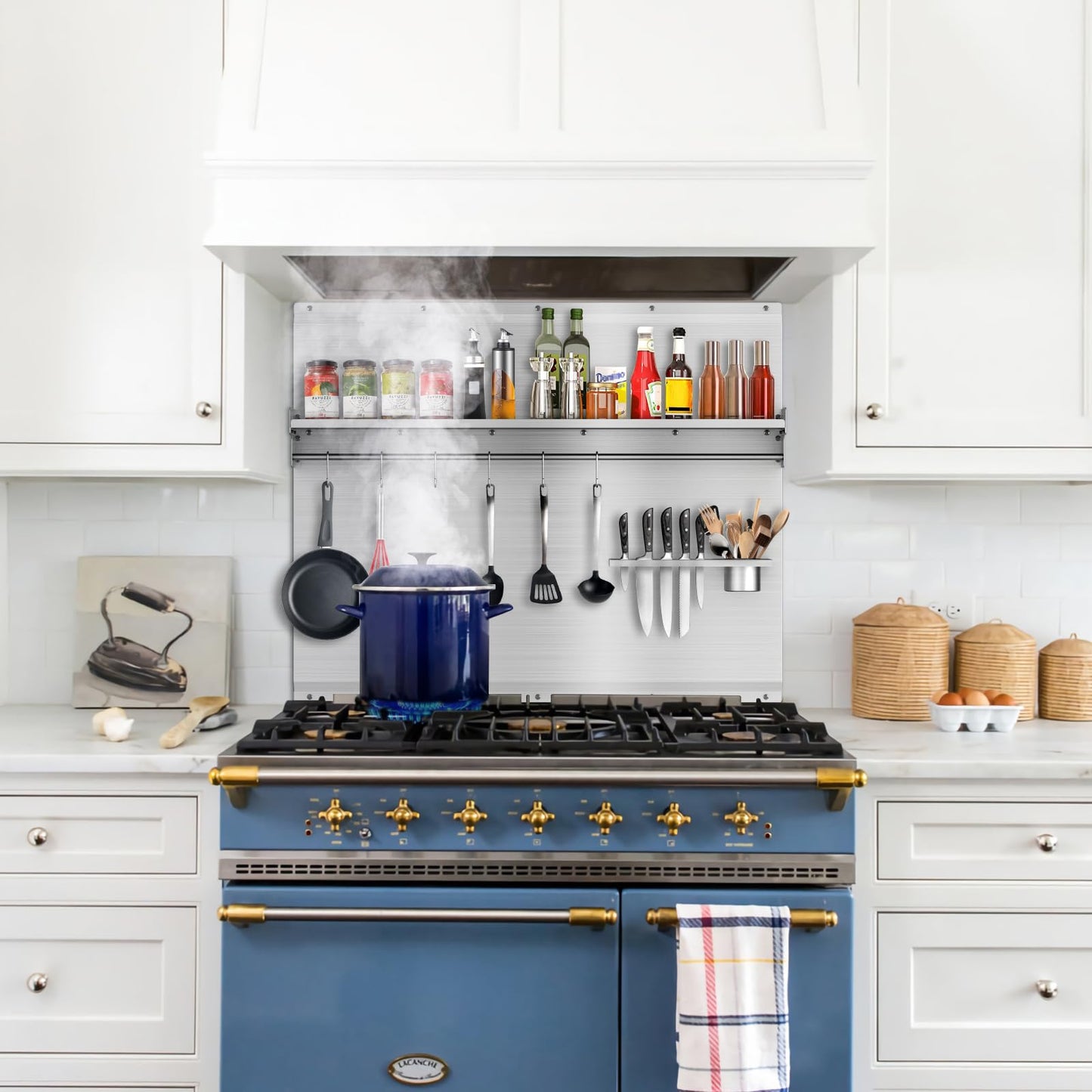 VENFAN 30x24 Inch Stainless Steel Stove Backsplash with Shelf, 6 Hooks & Knife Stand - Rust-Proof Kitchen Wall Protector Stainless Steel - Easy No-Drill Installation