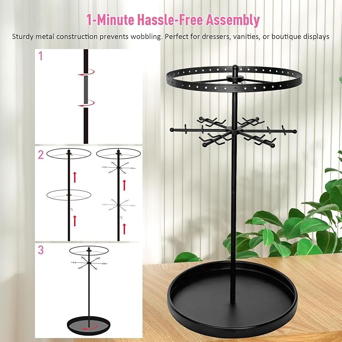 360 Rotating 2-Tier Jewelry Organizer Stand, Large Earring Holder Organizer with 48 Holes for Studs，24 Prongs for Necklaces, Wide Base for Bracelets, Watches, Lipstick, Jewelry Display Stand for Women