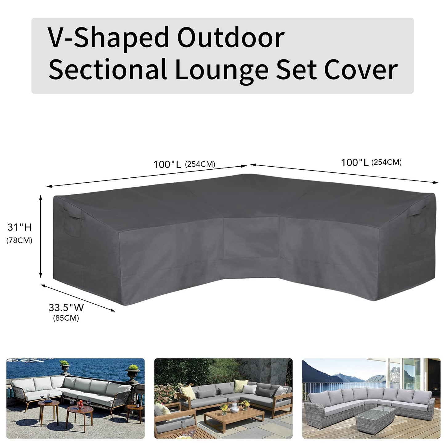 Easy-Going Patio V-Shaped Sectional Sofa Cover, Waterproof Outdoor Sectional Cover,Heavy Duty Garden Furniture Cover with Air Vent 100" L (on Each Side) x 33.5" D x 31" H, Dark Gray