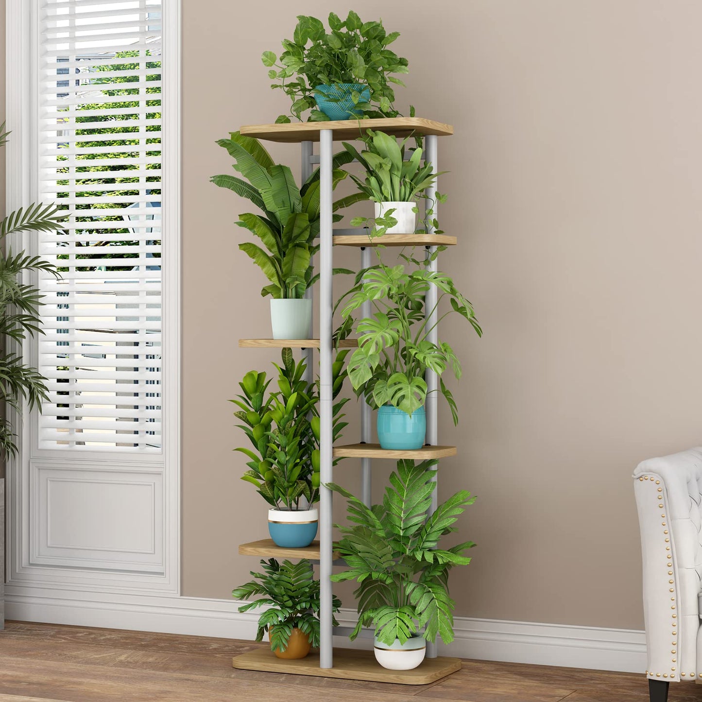 LINZINAR Plant Stand 6 Tier 7 Potted Multiple Flower Pot Holder Shelf Indoor Outdoor Planter Display Shelving for Patio Garden Corner Balcony Living Room (6 Tier-7 Potted, White)