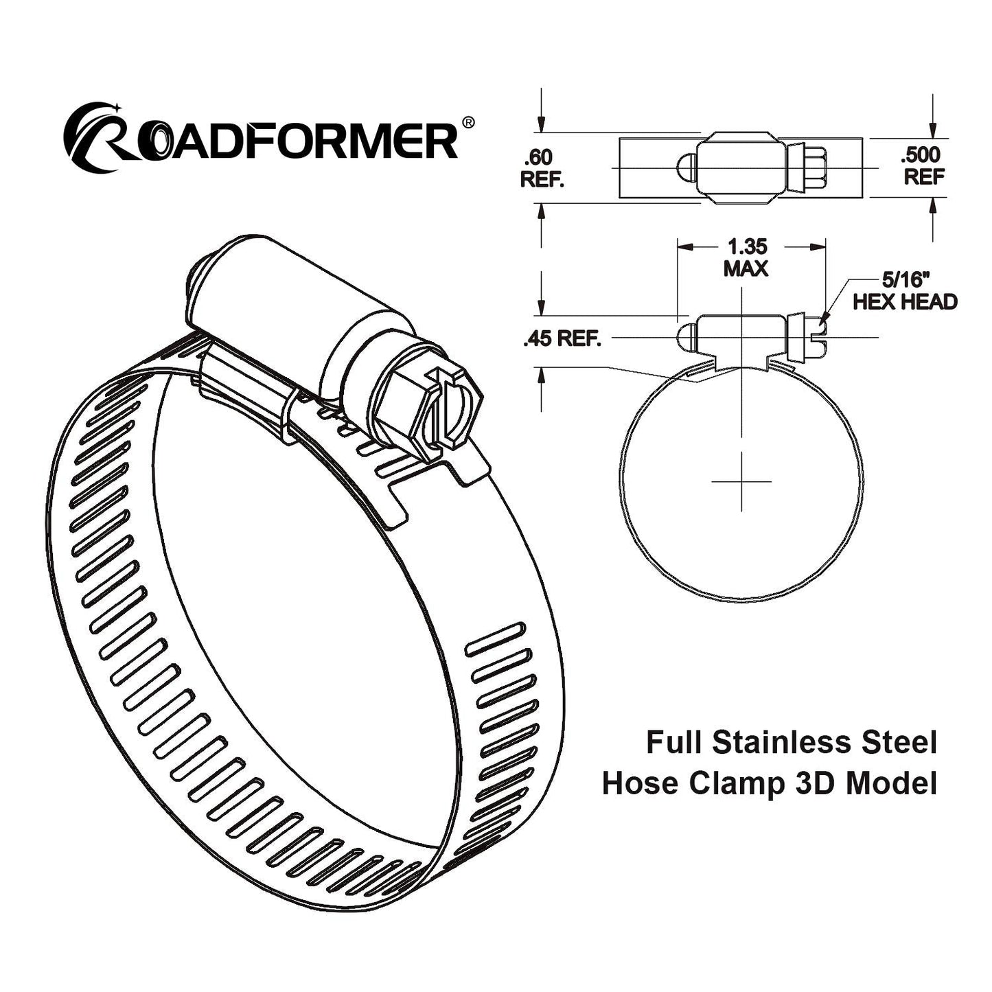 ROADFORMER 2" Worm Gear Hose Clamp - SAE 32 Size, Full Stainless Steel with 1/2" Band Width, Working Range 40mm - 64mmHose Clamps, 10 Pack