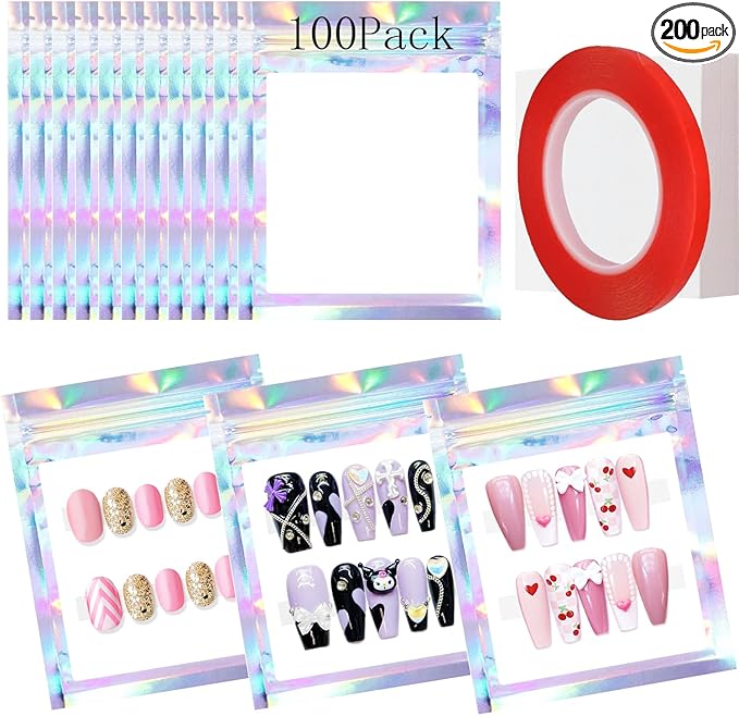 Qenk 100PCS Empty Holographic Nail Storage Bag Press on Nail Packaging Bag and 100PCS Shiny white cardboard Nail Tips Packaging Bags with 1 Roll Transparent Tape