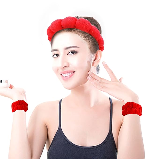 SPA Headbands for Washing Face Makeup Headbands with Bow Hair Band Women Facial Head Band Wrist Towel Wraps For Shower Face Mask Black Red Pink, 6 Pack
