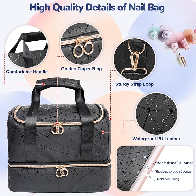 Nail Polish Organizer Holds 80 Bottles (15ml/0.5 fl.oz)& Nail Lamp, PU Leather Nail Organizers and Storage Bag with Shoulder Strap, Portable Nail Supplies Kit Organizer Carrying Case (Black)