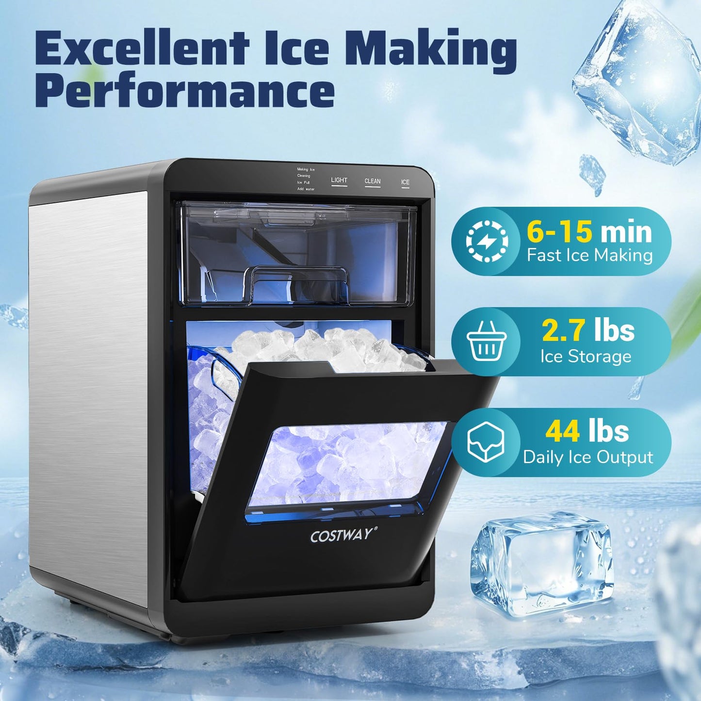 COSTWAY Countertop Nugget Ice Maker, 44 lbs/24H Chewable Sonic Ice Machine w/Self Cleaning, Ready in 6 Mins, Low Noise, Pull-Out Water Tank & Touch Control Panel for Home, Bar, Kitchen, RV