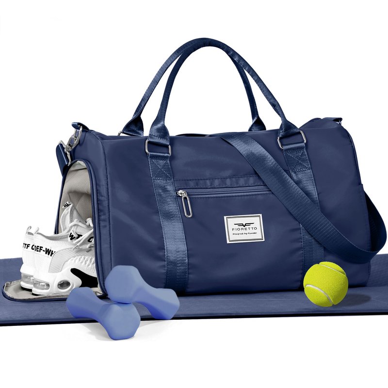 FIORETTO Womens Gym Tote Duffle Bag with Wet Pocket & Shoe Compartment, Sports Duffel Overnight Weekender Hospital Workout Carry on Bag for Girls, Ideal for Travel, Swimming, Dance, Ballet Navy Blue