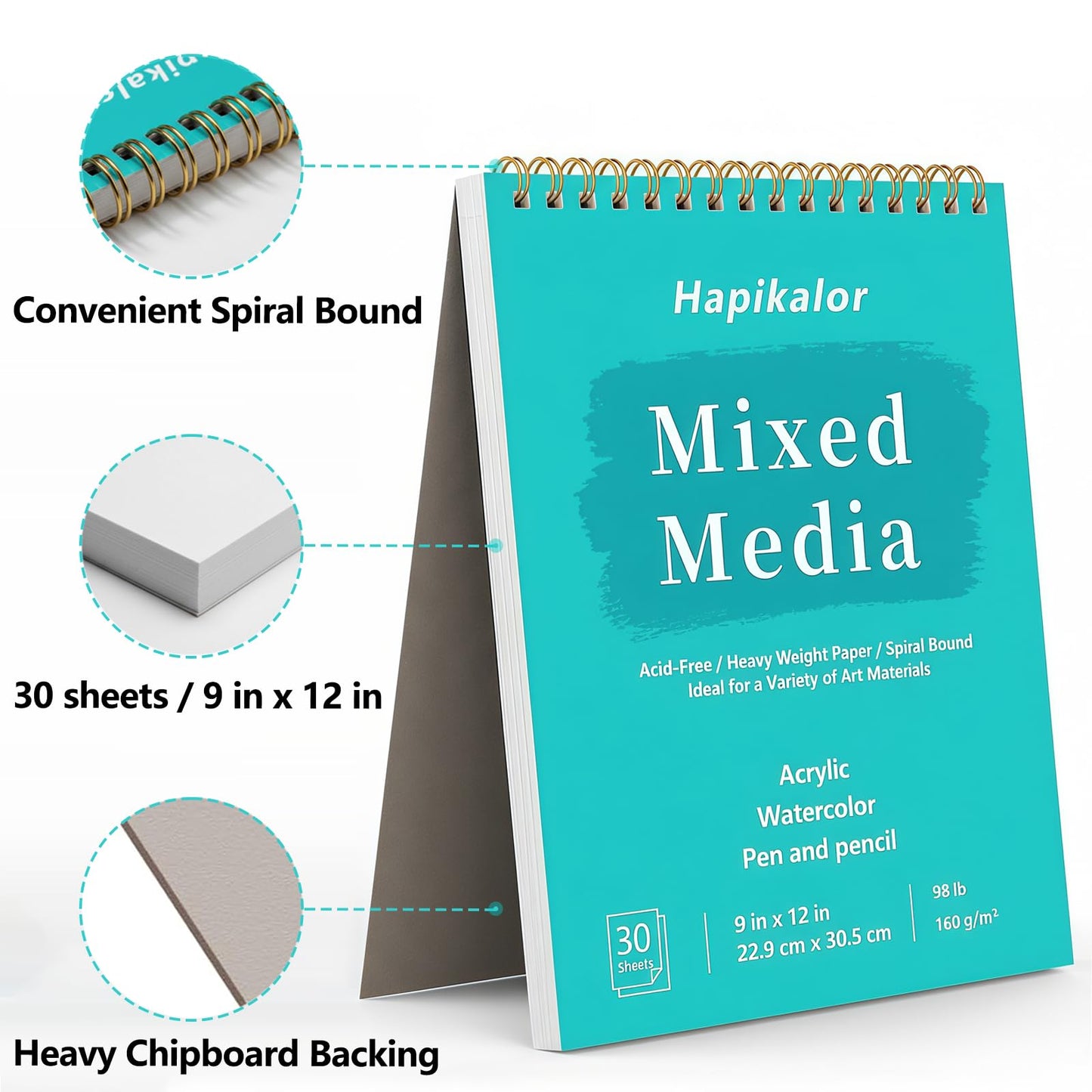 Sketch Book Mixed Media Pad, 2-Pack 9" x 12" Top Spiral Bound Sketch Pad, 30 Sheets 98lb/160gsm Acid-Free Drawing Paper, Art Supplies Sketchbook for Drawing, Sketching