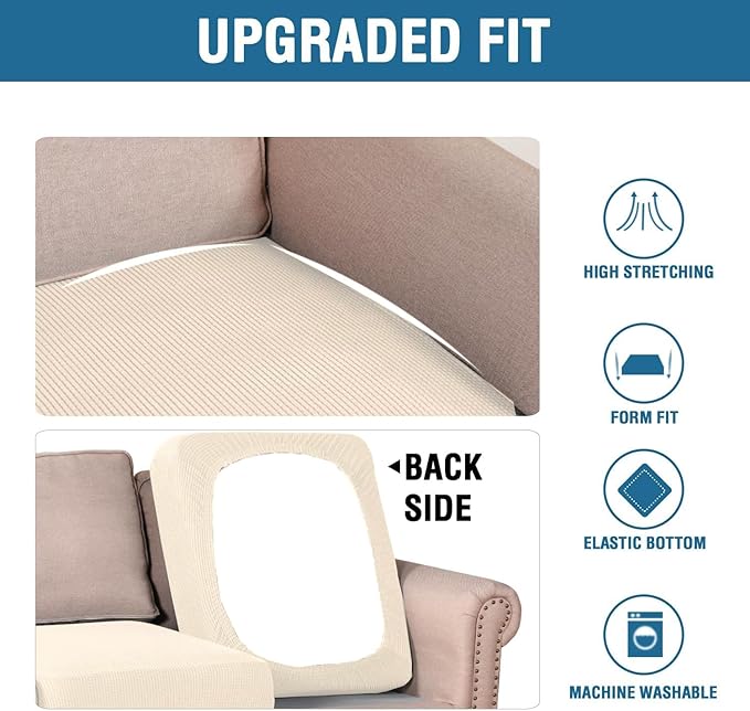 H.VERSAILTEX Super Stretch Individual Seat Cushion Covers Sofa Covers Couch Covers Slipcover Sets Thick Jacquard Textured Twill Fabric (3 Piece XL Sofa Cushion Covers, Cream)