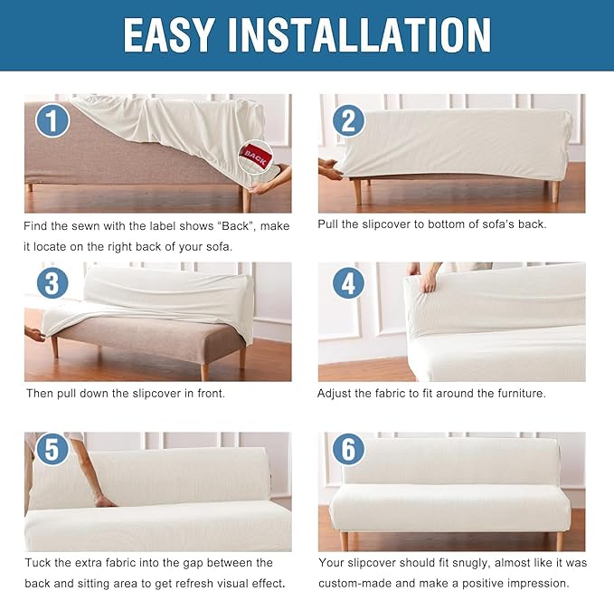 H.VERSAILTEX Armless Futon Cover Stretch Sofa Bed Slipcover Protector Elastic Feature Rich Textured High Spandex Small Checks Jacquard Fabric Futon Cover, Machine Washable, Porcelain White