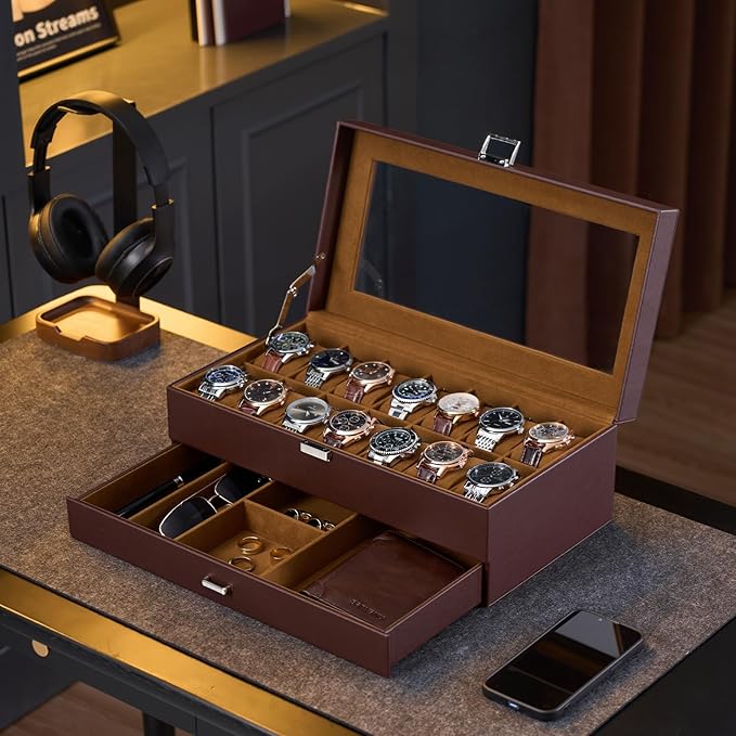 ProCase Watch Box, 14 Slot Mens Watch Case With Drawer, 2-Layer Watch Display Case With Glass Lid, Mens Jewelry Box Storage Holder Organizer, Birthday Valentine Gifts for Men -14Slot, Espresso
