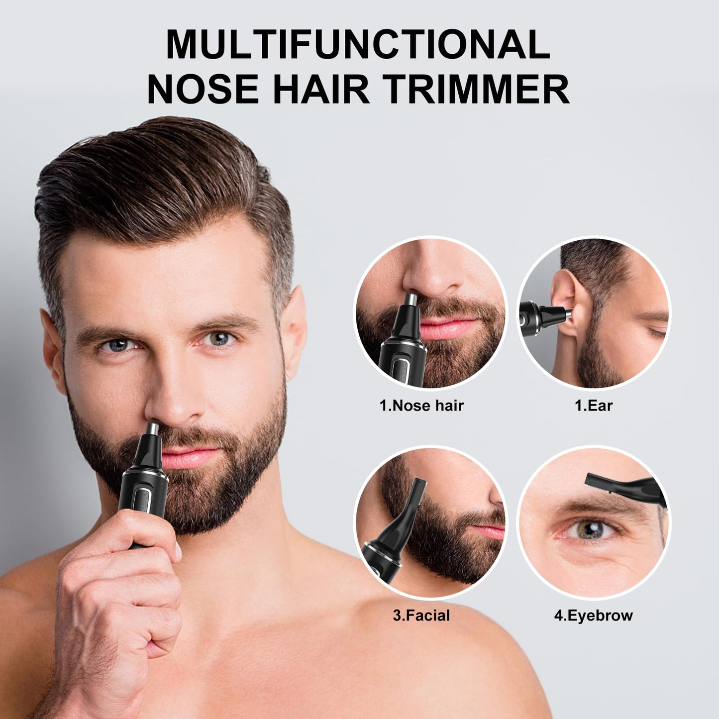 XOOMRSCP Nose Hair Trimmers for Men，Rechargeable Hair Trimmer 2 in 1 Painless Multifunctional Ear and Nose Hair Trimmer with IPX7 Waterproof Dual Edge Blades (Black Silver)