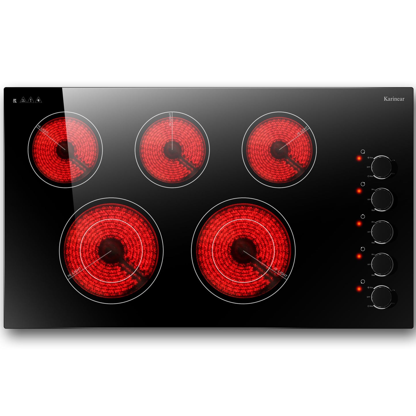 Karinear 36" Electric Cooktop 5 Burners, Knob Control Electric Stove Top, 9 Power Levels, Residual Heat Indicator, 8400W, 40A, 240V Hardwire(Black)
