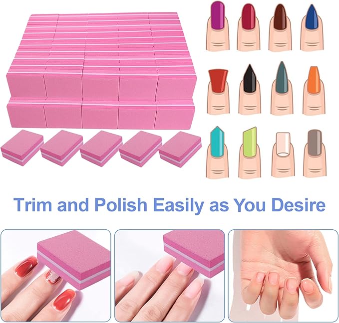 Nail Buffers (100 Pack), Mini Buffer Block Nail File for Acrylic and Natural Nails, 100/180 Grit Nail Buffer Block Bulk Buffing Blocks for Nail Buff Professional Manicure File Blocks Set Hot Pink
