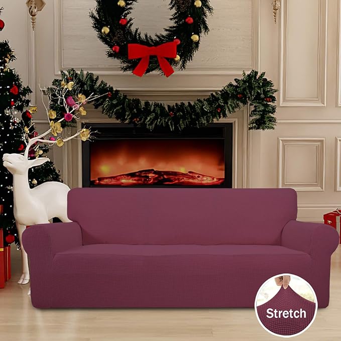 Easy-Going Stretch Sofa Slipcover 1-Piece Sofa Cover Furniture Protector Couch Soft with Elastic Bottom for Kids, Polyester Spandex Jacquard Fabric Small Checks (Sofa, ASH Rose)