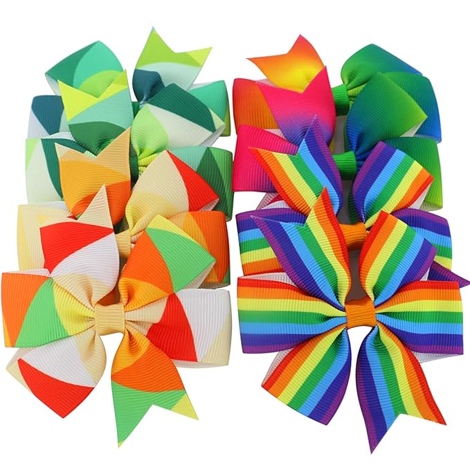 20 Pair 3in Pinwheel Rainbow Bows Grosgrain Ribbon Hair Clips For Baby Girls Teens Kids Toddler Gifts Accessories