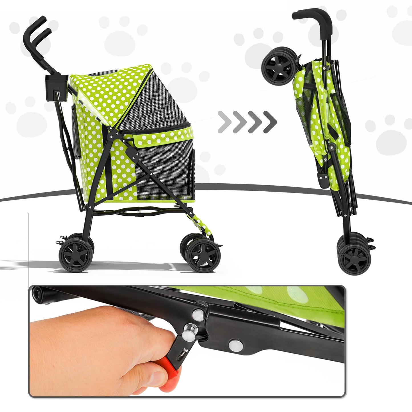 MoNiBloom 4 Wheels Pet Stroller, Easy-Fold Umbrella Shaped Dog Cat Jogger Stroller w/Storage Bag & Visible Mesh for Small/Medium Dogs Cats Lawn Green Polka Dots