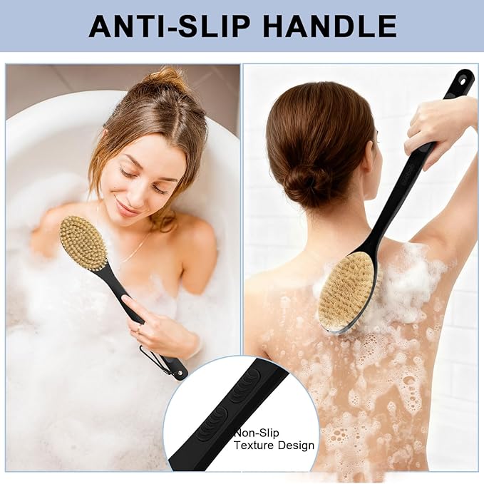 Back Scrubber for Shower with Long Handle, Exfoliating Bath Brush for Body - Double Sided Bristles (Stiff & Soft), Anti-Slip Grip, Lightweight - Gift for Seniors, Includes Lanyard & Hook,Black