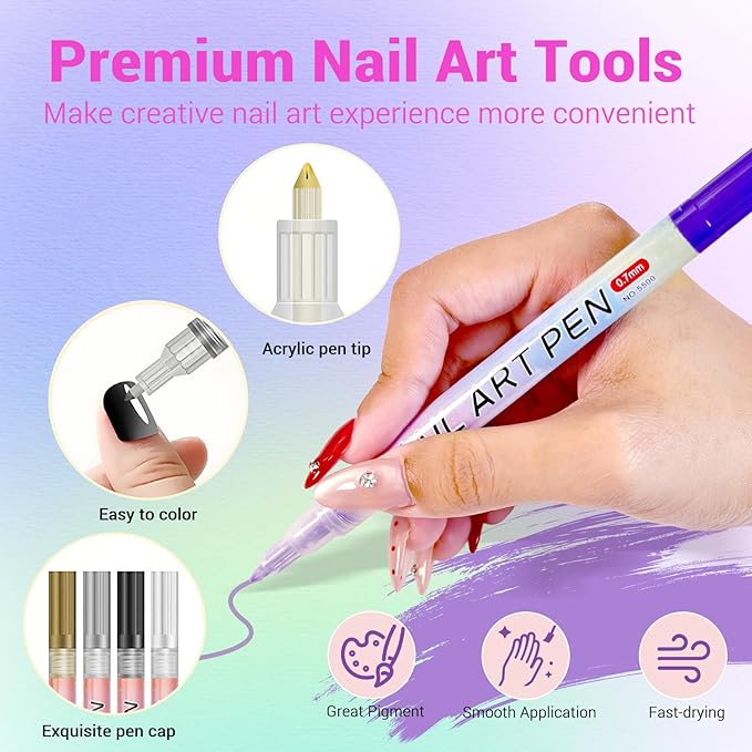 12 Color Nail Art Pens, 3D 0.7 MM Nail Polish Pens Set Drawing Painting Point Liner Acrylic Painted Pen Kit, Waterproof and Quick-drying Nail for DIY Nails Art Design Manicure Tools