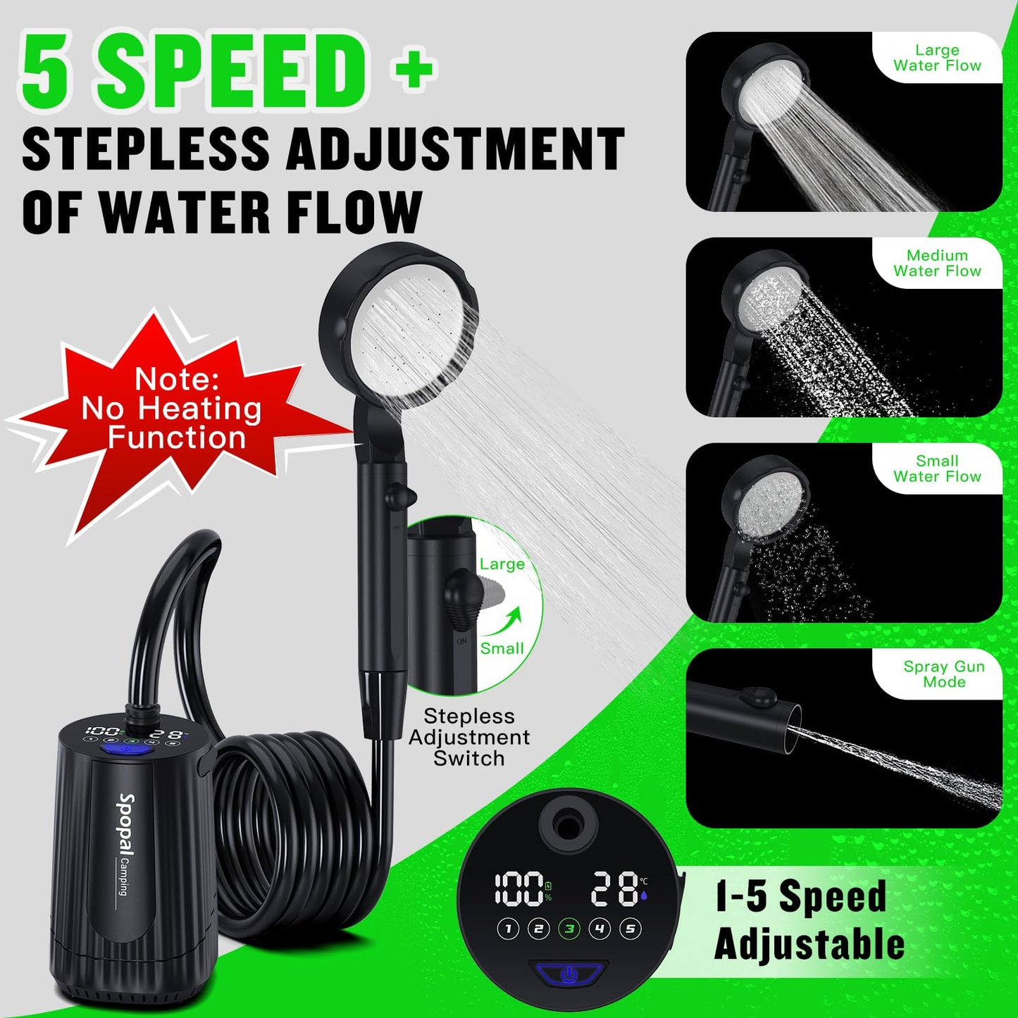 Portable Shower for Camping, [Upgraded] Spopal 10000mAh Rechargeable Camping Shower with 5 Adjustable Speeds,Premium LED Display, IPX8 Waterproof Outdoor Shower Kit for Hiking, Car, Pet, Travel (BK)