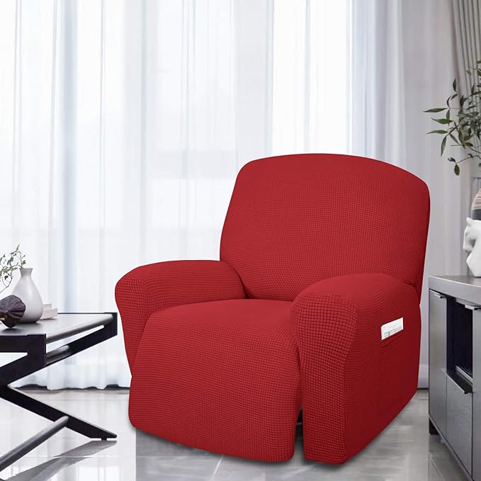 Easy-Going 4 Pieces Oversized Recliner Stretch Sofa Slipcover Sofa Cover Furniture Protector Couch Soft with Elastic Bottom Polyester Spandex Jacquard Fabric Small Checks Christmas Red,X-Large