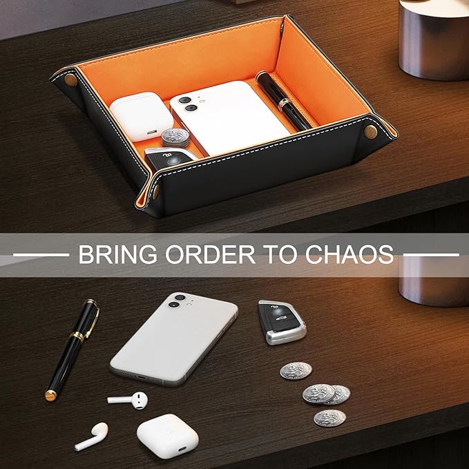 SITHON Valet Tray Desktop Storage Organizer Ã¢ÂÂ Premium PU Leather Catchall Bedside Vanity Tray Nightstand Caddy Holder for Remote Controller, Keys, Phone, Wallet, Coin, Jewelry (Orange)