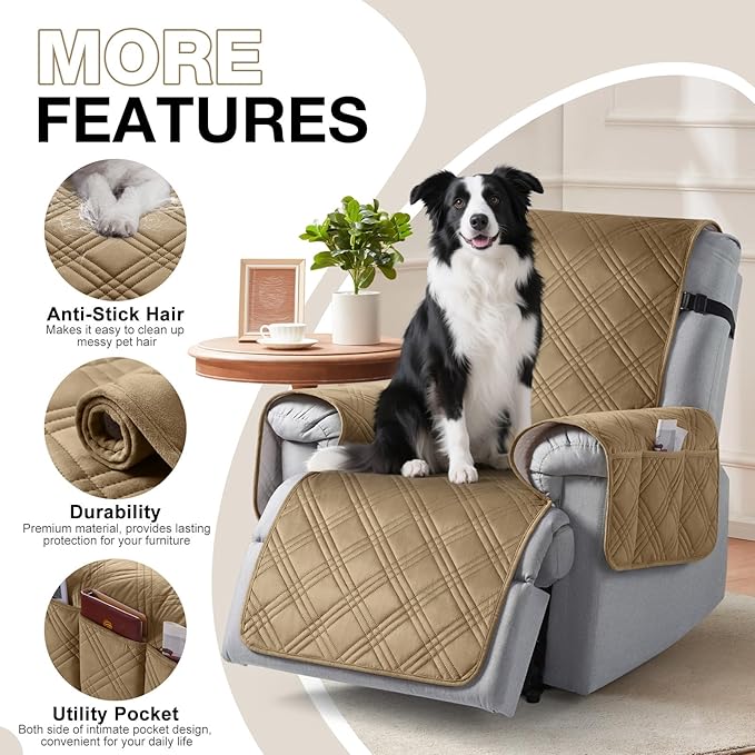 TAOCOCO 100% Waterproof Recliner Chair Cover, Recliner Covers for Recliner Chair with Pocket, Non Slip Reclining Chair Cover Furniture Protector for Kids, Pets(23.6'', Khaki-Velvet)