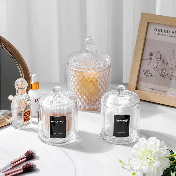 Qtip Holder Thick Glass Apothecary Jars with Lid for Bathroom Accessories Vanity Organizers and Makeup Storage for Cotton Ball, Swabs, Candy, Jewelry, Bathroom Decor, 2 Pack Clear