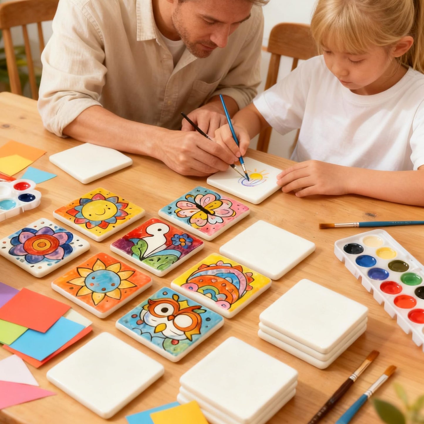 24 PCS Ceramic Tiles for Crafts 4x4 inches and self-Adhesive Cork mat,unglazed Ceramic Coasters for Crafts,Use with Alcohol Ink or Acrylic Pouring Make Your Own DIY Coasters