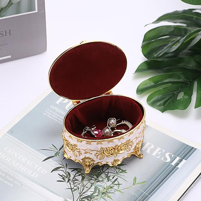 Hipiwe Vintage Metal Jewelry Box - Oval Trinket Organizer Ring Box Case with Rose Pattern Jewelry Storage Box for Ring Earrings Necklace, Gift for Women