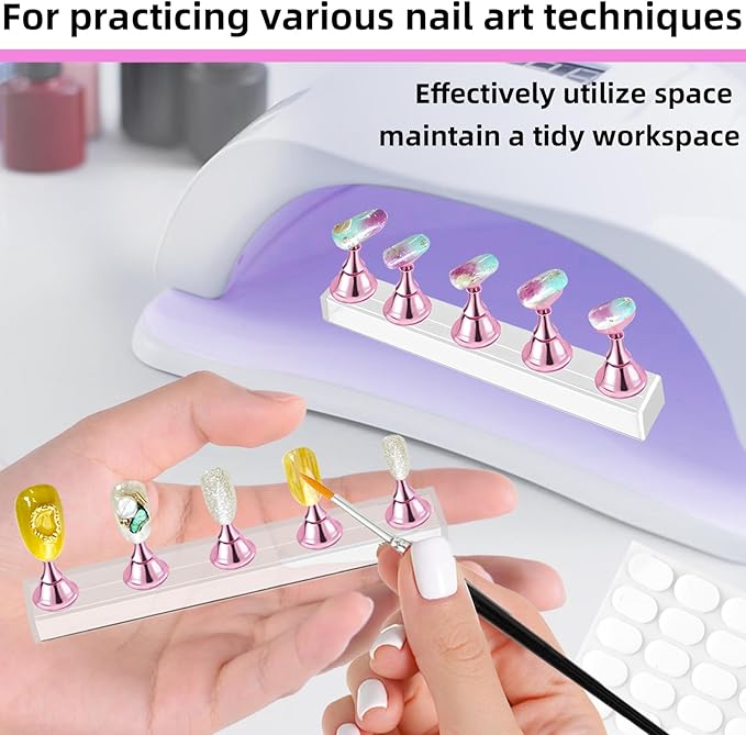 2 Set Nail Stand,Nail Holder Stand with 100 Pcs Double Sided Tape,Press on Nail Stand,Nail Practice Hand,Nail Holder for Painting Nails,for Nail Art Display,Home DIY Beginner Salon Supplies(Pink)