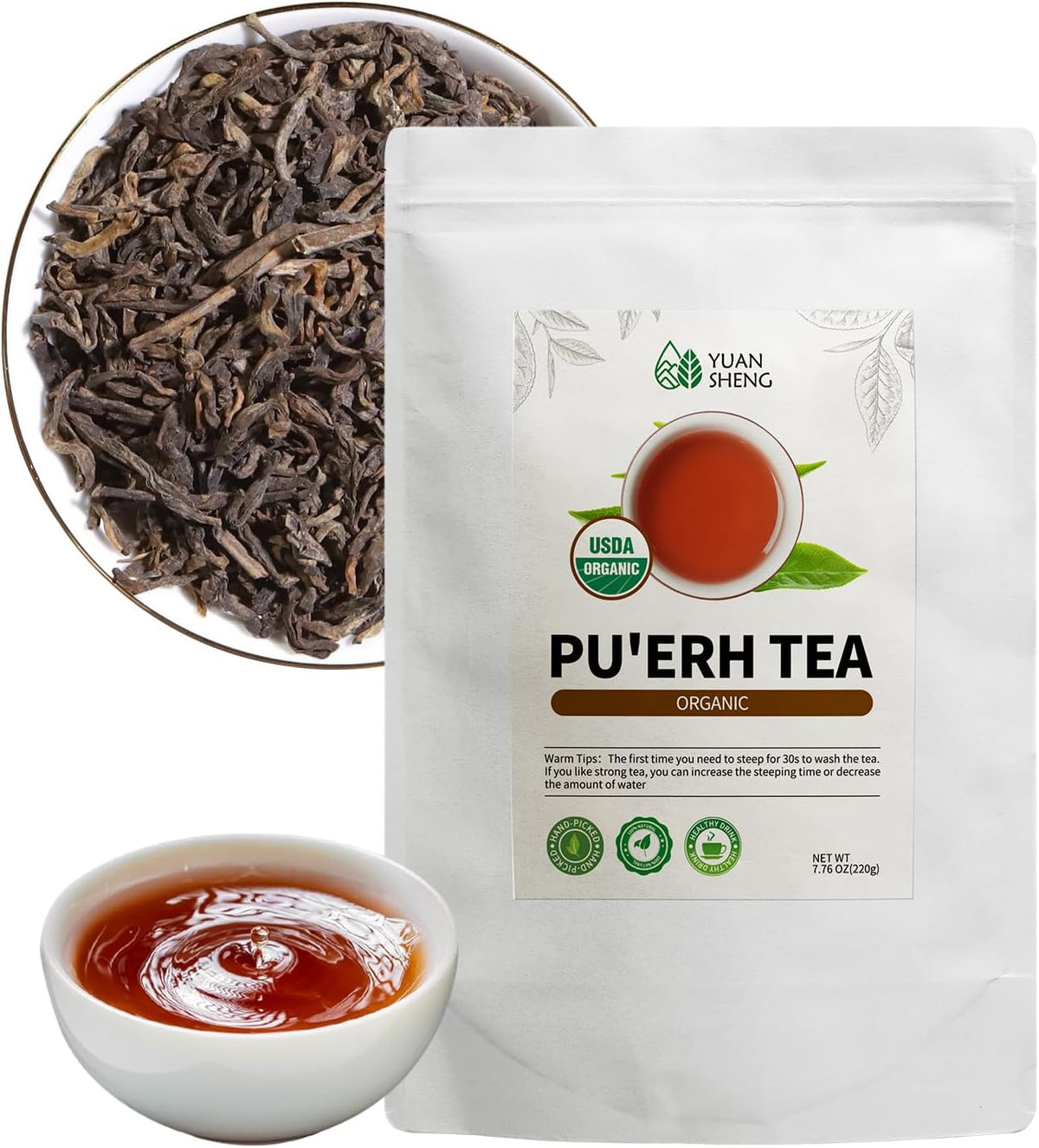 YUANSHENG Pu erh Tea Organic Loose Leaf, Chinese Yunnan Aged Fermented Black Tea, USDA Organic Ripe Puerh Tea, Rich Antioxidants, Deep Earthy Flavor, Digestive Health & Wellness Tea, 7.76 Oz