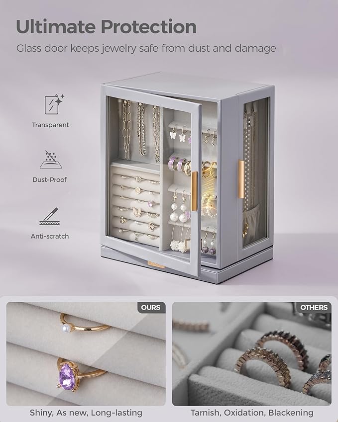 Glimmloop 360ÃÂ° Rotating Jewelry Box with 5 Drawers, Spacious Vertical Jewelry Organizer with Glass Window, Jewelry Storage Case, Dustproof & Moisture-resistant Design, Grey